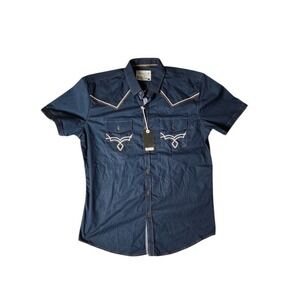 Outlander Mens Blue Western Shirt Size M Embroidered Short Sleeve Button Up